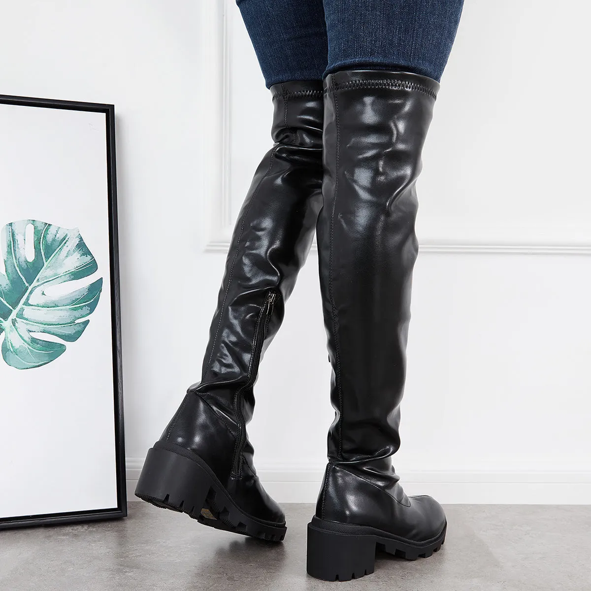Stretchy Platform Lug Sole Thigh High Boots Chunky Heel Over The Knee Boots sold by Tinstree product image thumbnail 5