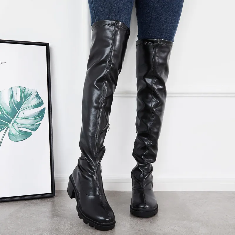 Stretchy Platform Lug Sole Thigh High Boots Chunky Heel Over The Knee Boots sold by Tinstree