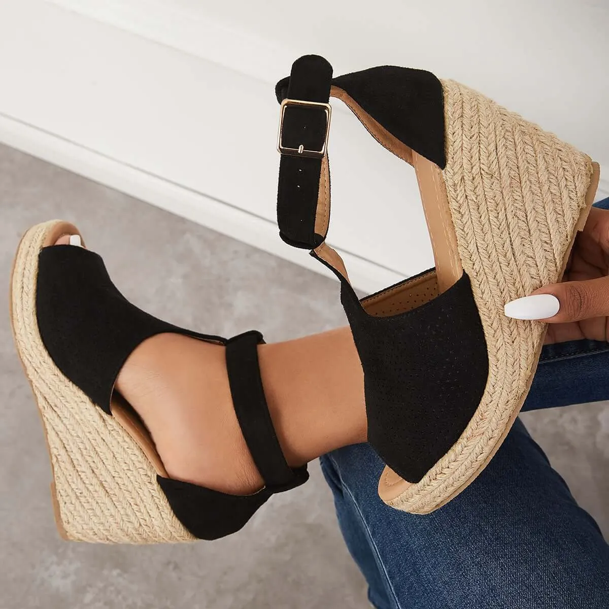 Black Platform Espadrille Heel Wedges Ankle Strap Sandals sold by Tinstree product image thumbnail 4
