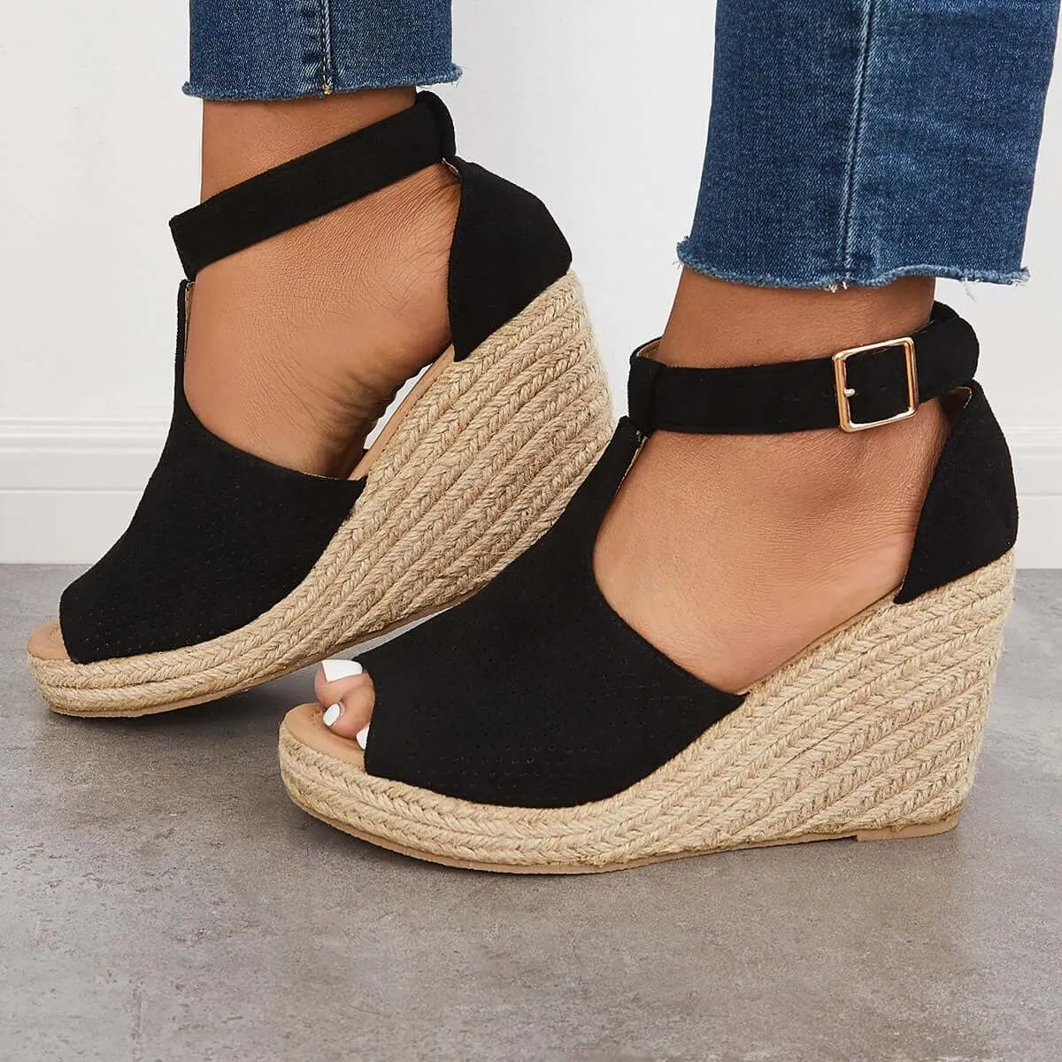 Black Platform Espadrille Heel Wedges Ankle Strap Sandals sold by Tinstree