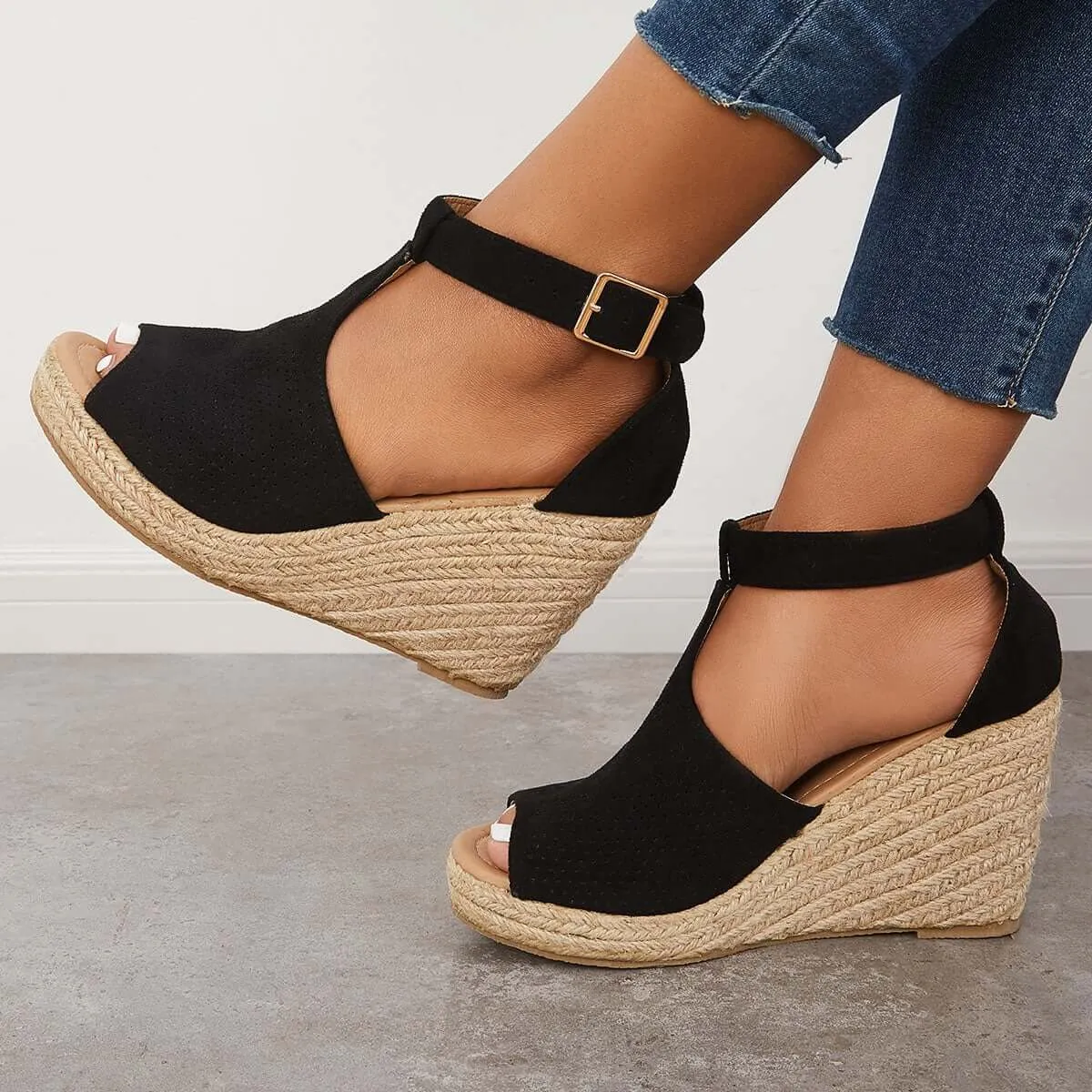 Black Platform Espadrille Heel Wedges Ankle Strap Sandals sold by Tinstree product image thumbnail 3