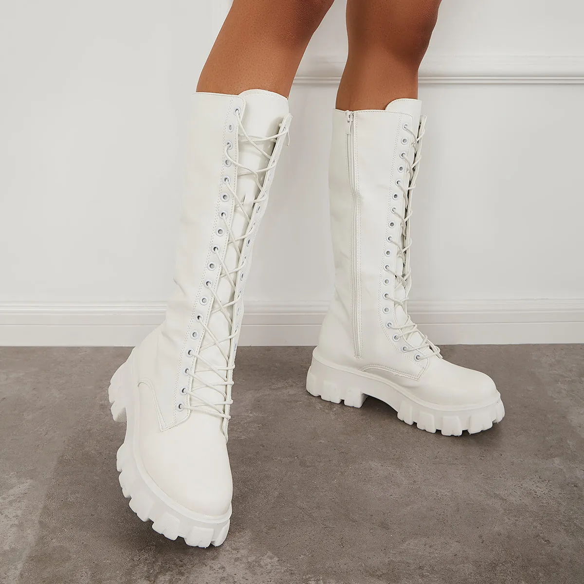 Lace Up Platform Heel Knee High Boots Lug Sole Combat Boots sold by Tinstree