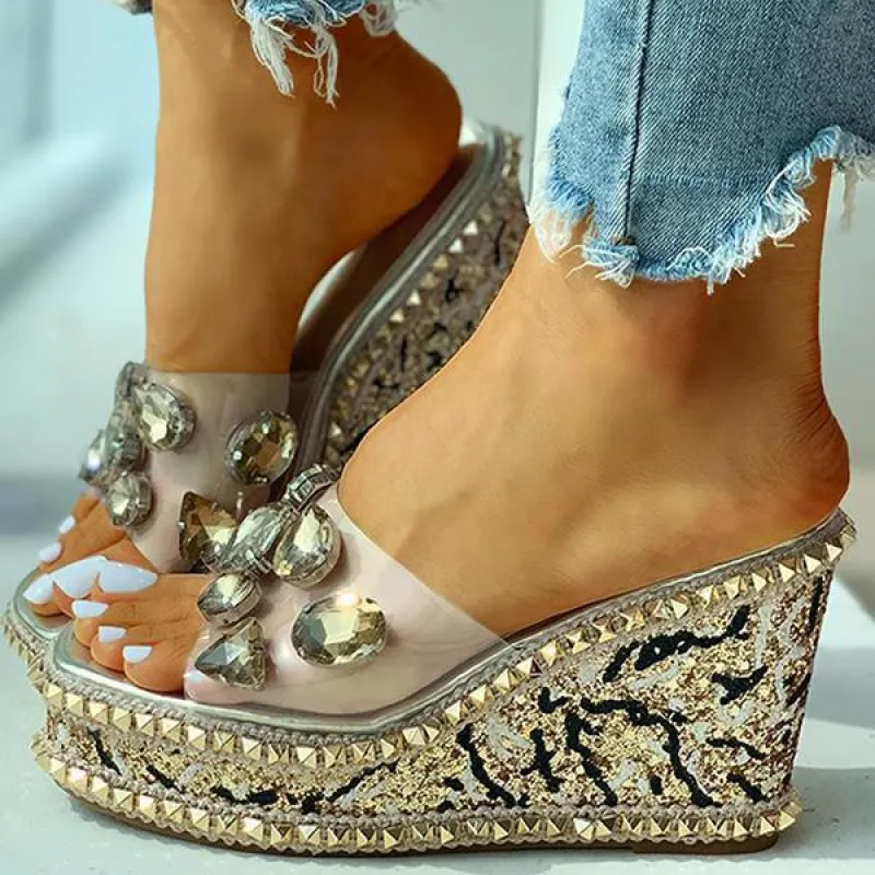 Clear Rhinestone Platform Wedges Slip on Backless Slide Sandals sold by Tinstree