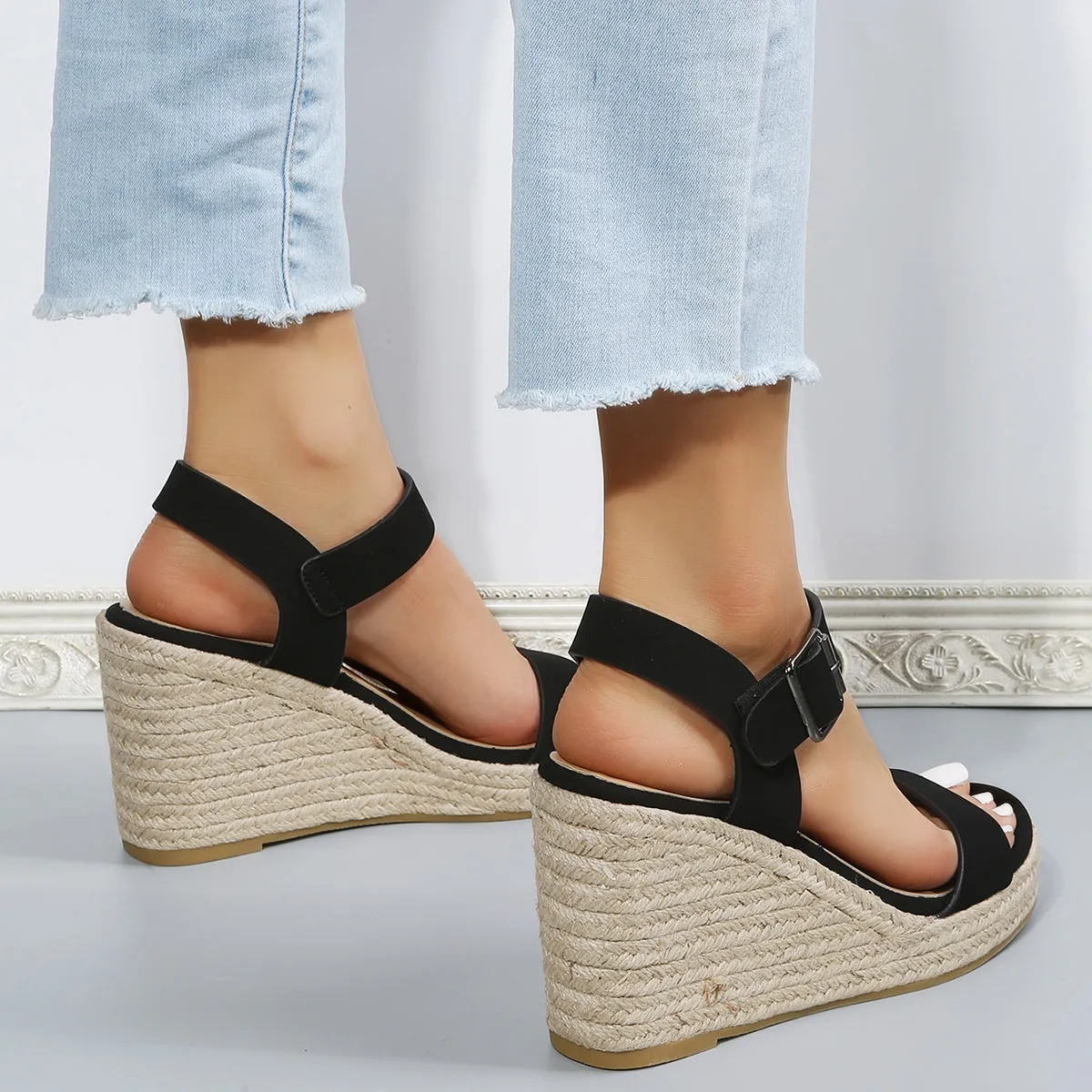 Black Platform Espadrille Wedges Open Toe Buckle Strap Sandals sold by Tinstree product image thumbnail 4