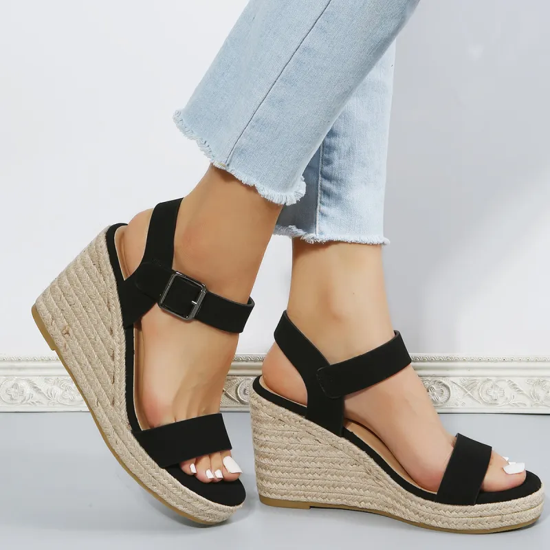 Black Platform Espadrille Wedges Open Toe Buckle Strap Sandals sold by Tinstree