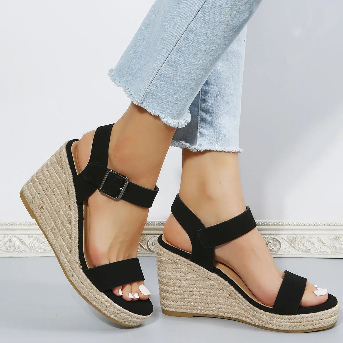 Black Platform Espadrille Wedges Open Toe Buckle Strap Sandals sold by Tinstree