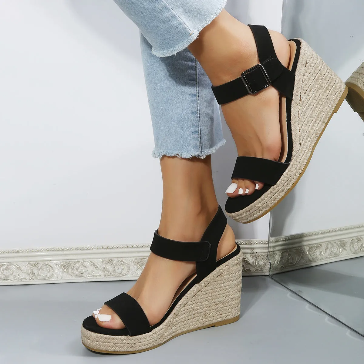 Black Platform Espadrille Wedges Open Toe Buckle Strap Sandals sold by Tinstree product image thumbnail 3