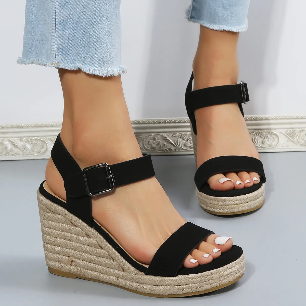 Black Platform Espadrille Wedges Open Toe Buckle Strap Sandals sold by Tinstree product image thumbnail 2