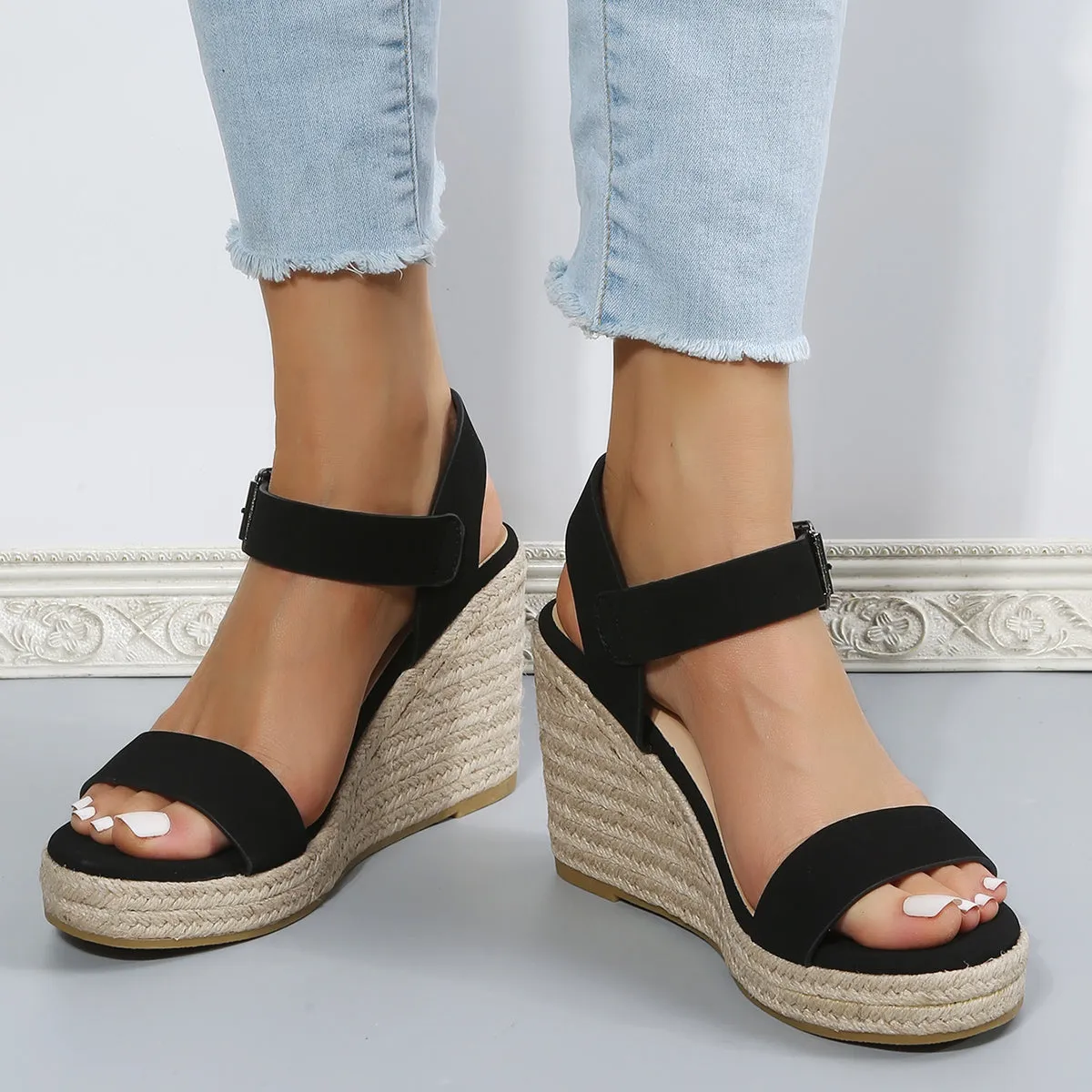 Black Platform Espadrille Wedges Open Toe Buckle Strap Sandals sold by Tinstree product image thumbnail 5