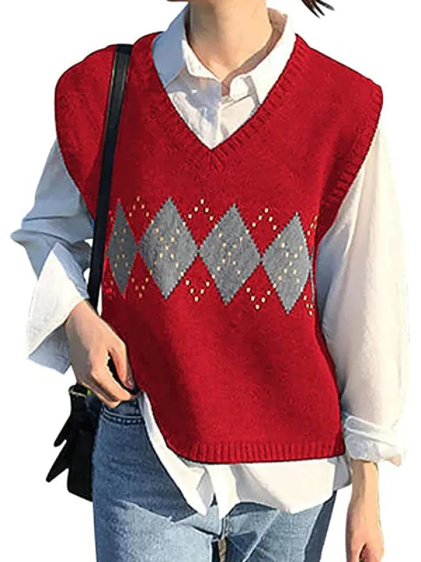 Women V Neck Knit Sweater Vest Argyle Plaid Preppy Style Sleeveless Crop Knitwear Tank sold by Tinstree