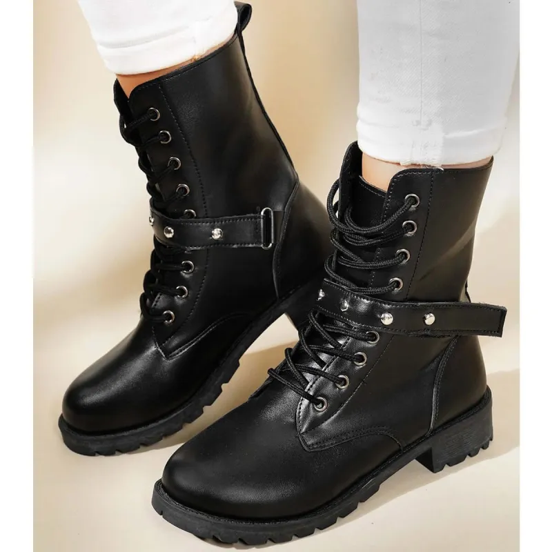Classic Block Heel Military Combat Boots Lace Up Ankle Boots sold by Tinstree