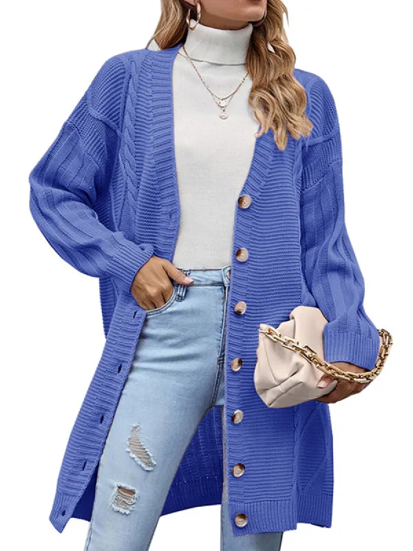 Womens Long Sleeve Cable Knit Long Cardigan Open Front Button Sweater Outerwear sold by Tinstree