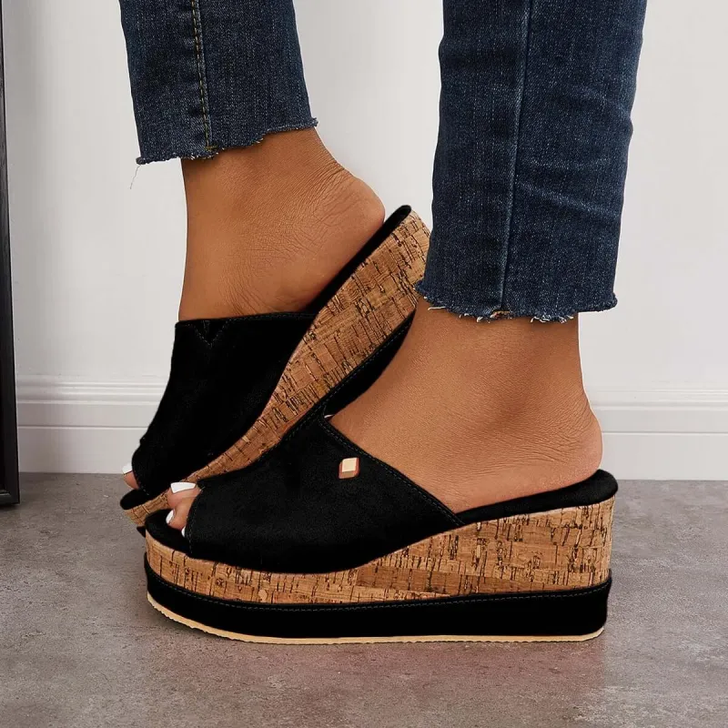 Comfortable Cork Footbed Slip-on Sandals Platform Wedge Slippers sold by Tinstree