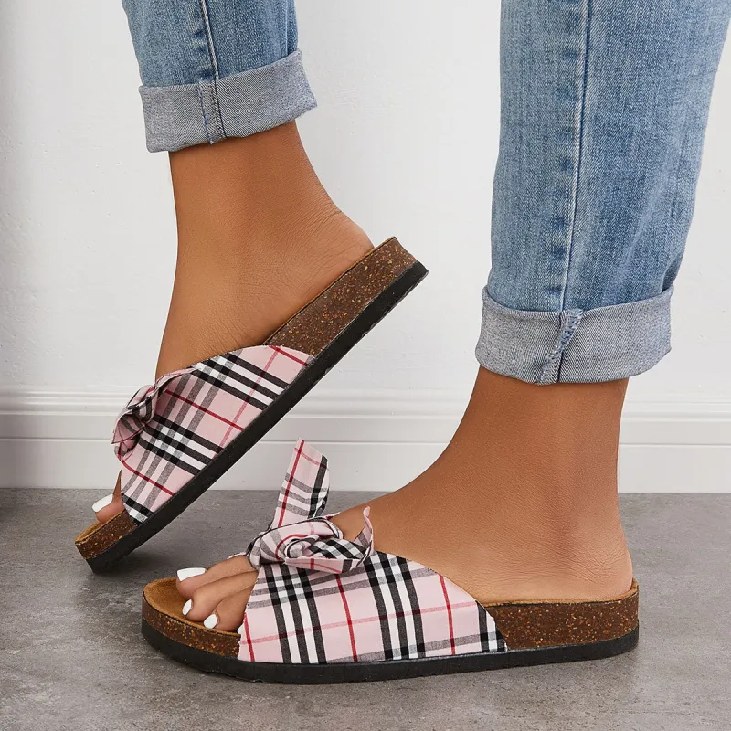 Plaid Bow Flat Slide Sandals Cork Footbed Slippers sold by Tinstree