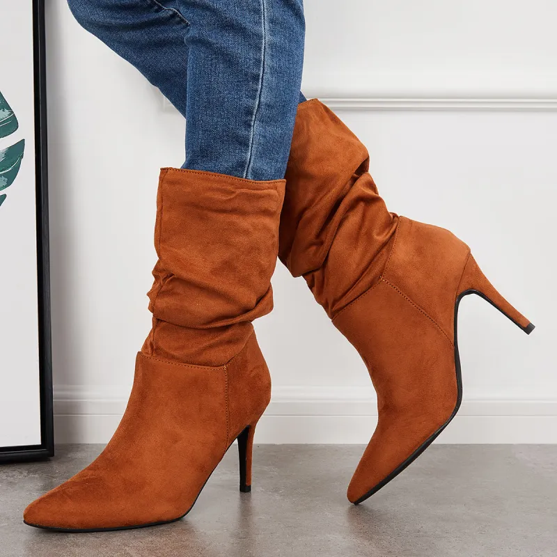 Suede Slouchy Mid Calf Boots Pointed Toe Stiletto Heel Booties sold by Tinstree
