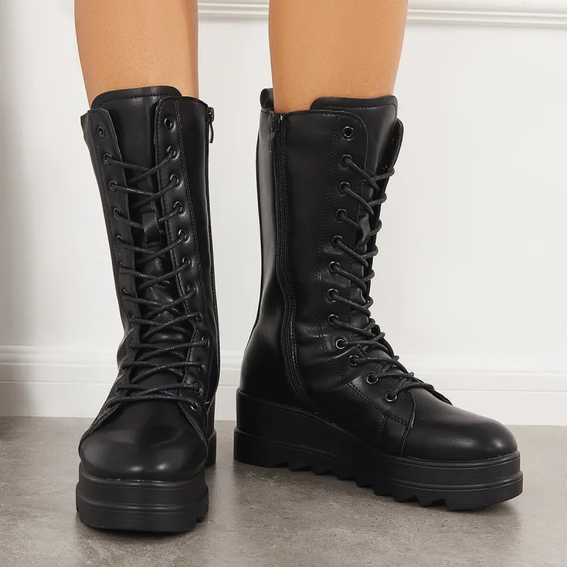 Black Lace Up Combat Boots Platform Chunky Heel Mid Calf Boots sold by Tinstree