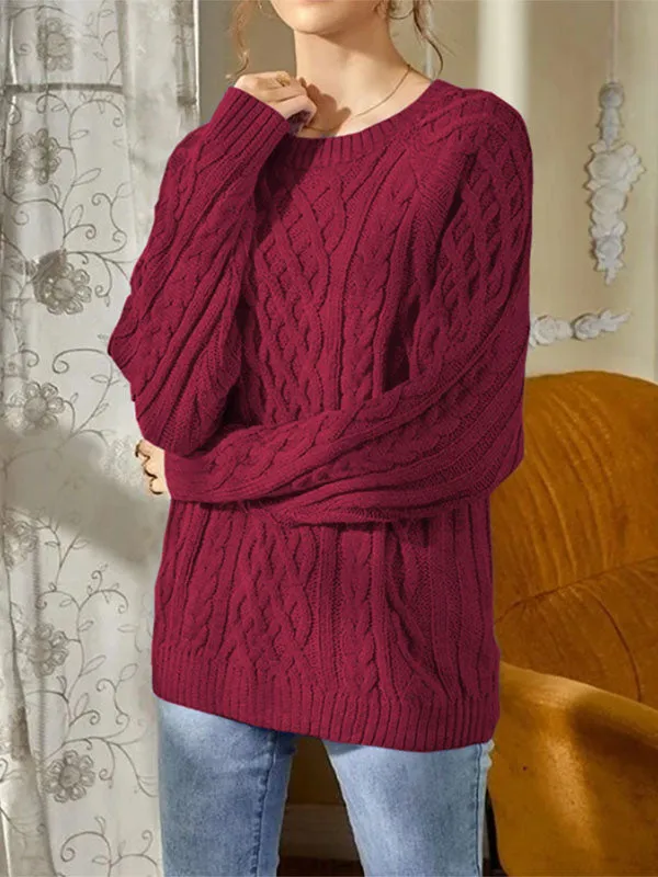 Women Crewneck Sweater Casual Solid Color Cable Knit Long Sleeve Pullover Tops sold by Tinstree product image thumbnail 3