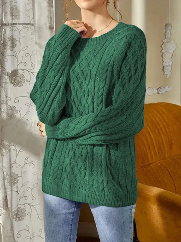 Women Crewneck Sweater Casual Solid Color Cable Knit Long Sleeve Pullover Tops sold by Tinstree