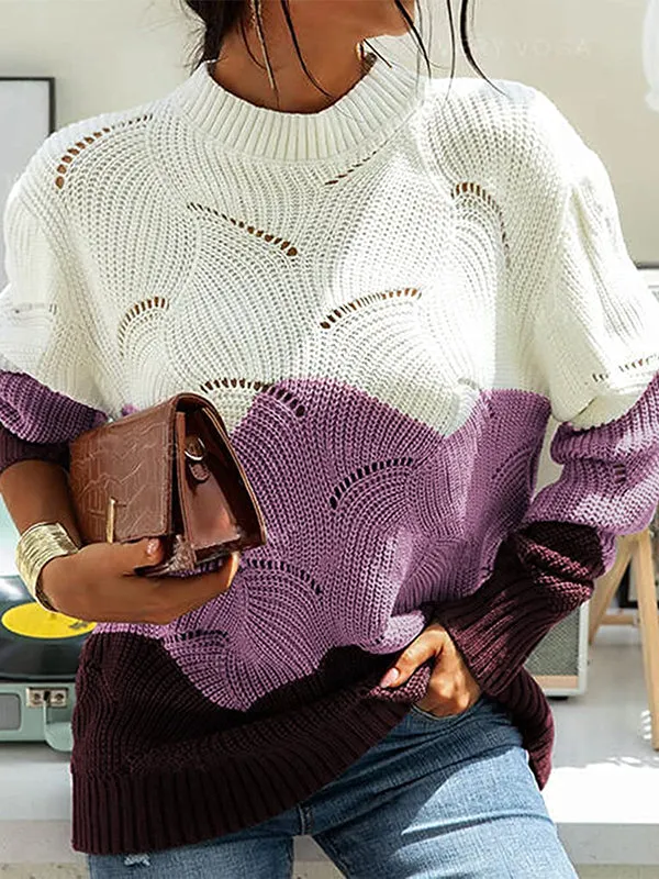 Women Crewneck Long Sleeve Hollow Out Knit Sweater Loose Pullover Jumper Tops sold by Tinstree