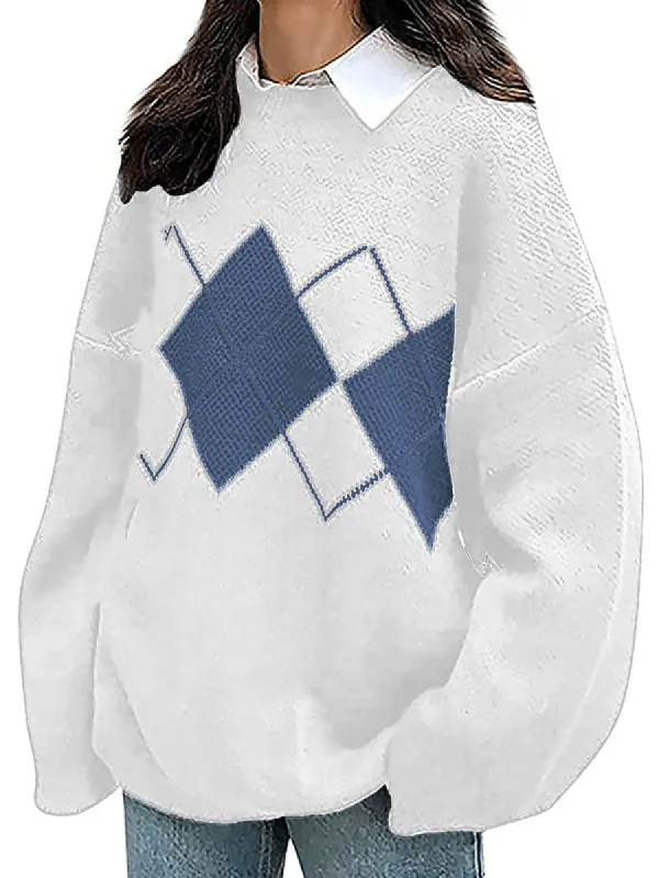Women Loose Argyle Plaid Sweater Pullover Long Sleeve Sweater Top sold by Tinstree