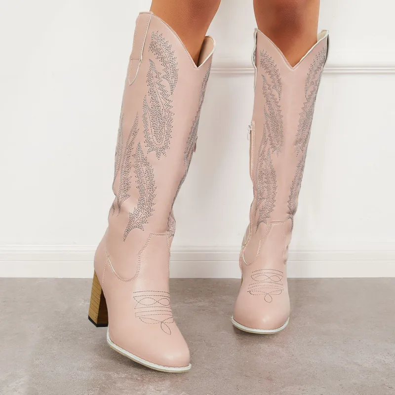 Embroidered Western Cowboy Boots Chunky Heel Knee High Riding Boots sold by Tinstree