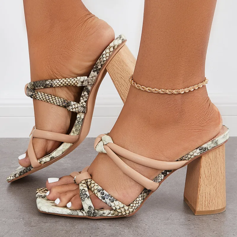 Square Toe Chunky High Heeled Mules Slip on Backless Sandals sold by Tinstree