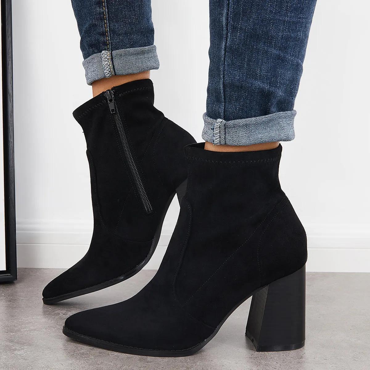 Pointed Toe Ankle Boots Side Zipper High Stacked Heel Booties sold by Tinstree product image thumbnail 5