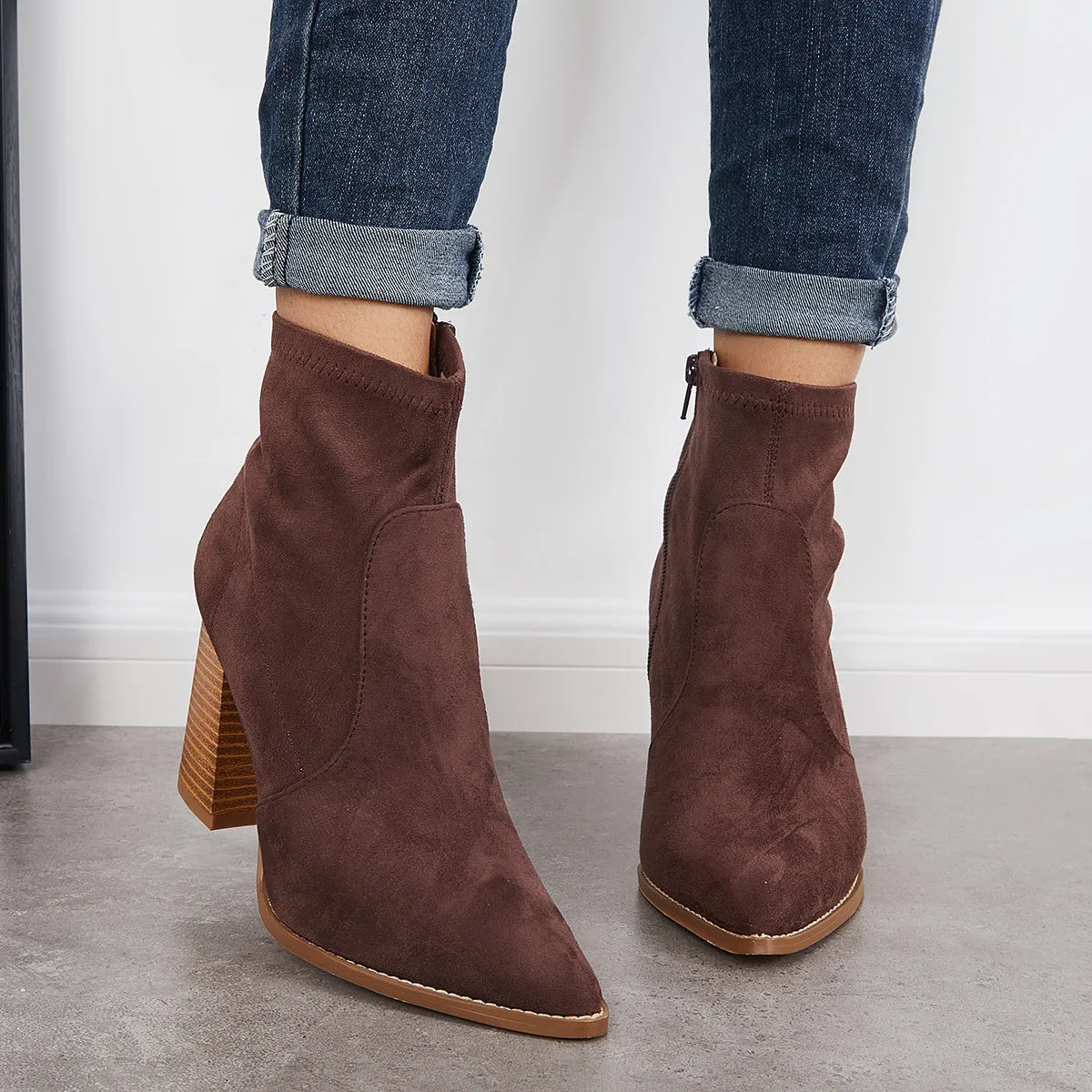 Pointed Toe Ankle Boots Side Zipper High Stacked Heel Booties sold by Tinstree product image thumbnail 3