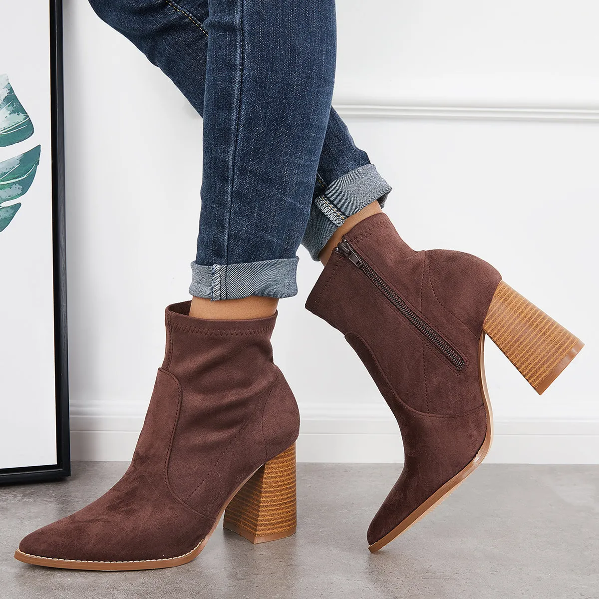 Pointed Toe Ankle Boots Side Zipper High Stacked Heel Booties sold by Tinstree product image thumbnail 2