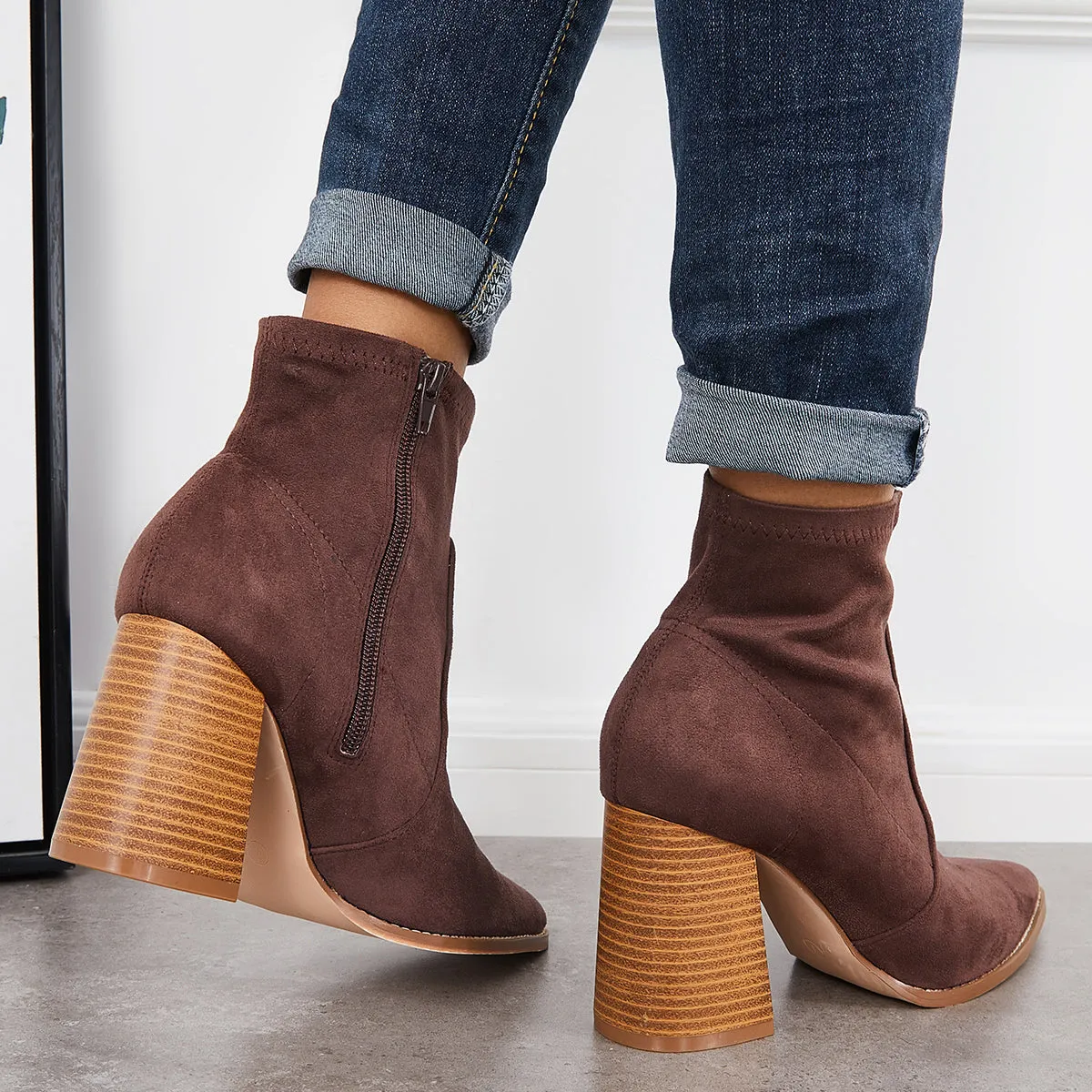 Pointed Toe Ankle Boots Side Zipper High Stacked Heel Booties sold by Tinstree product image thumbnail 4