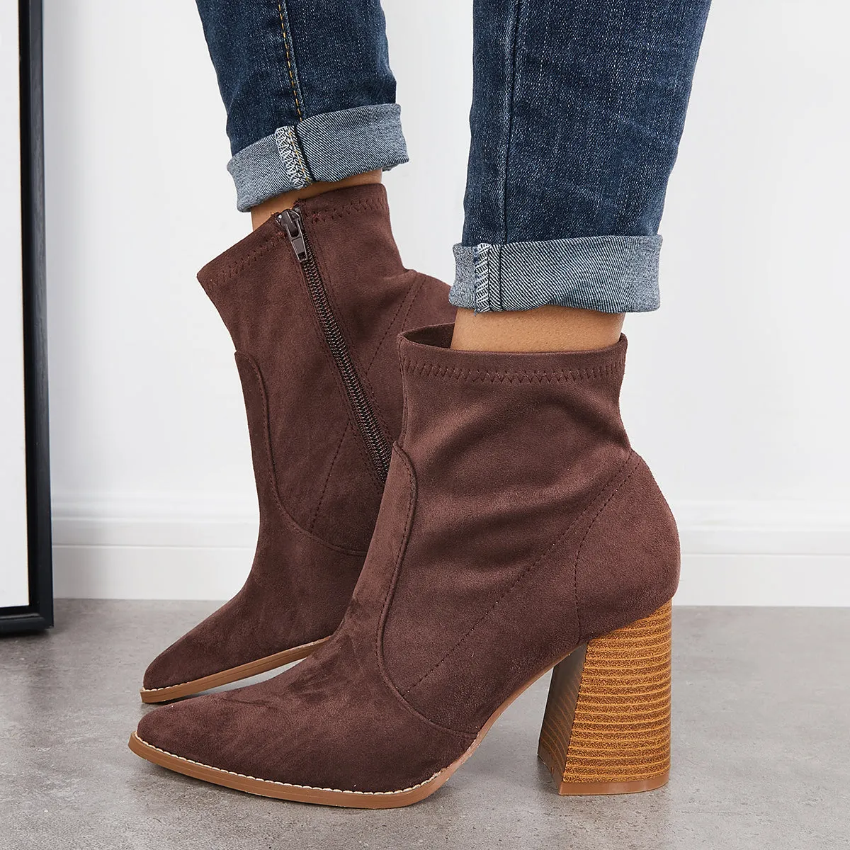 Pointed Toe Ankle Boots Side Zipper High Stacked Heel Booties sold by Tinstree