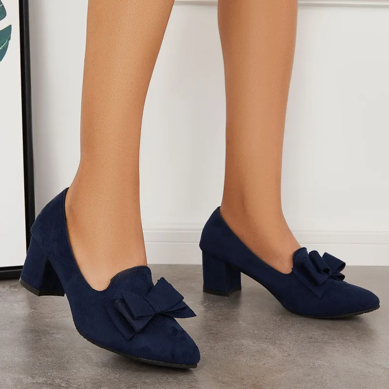 Suede Block Heel Pumps Bowknot Round Toe Slip on Dress Shoes sold by Tinstree