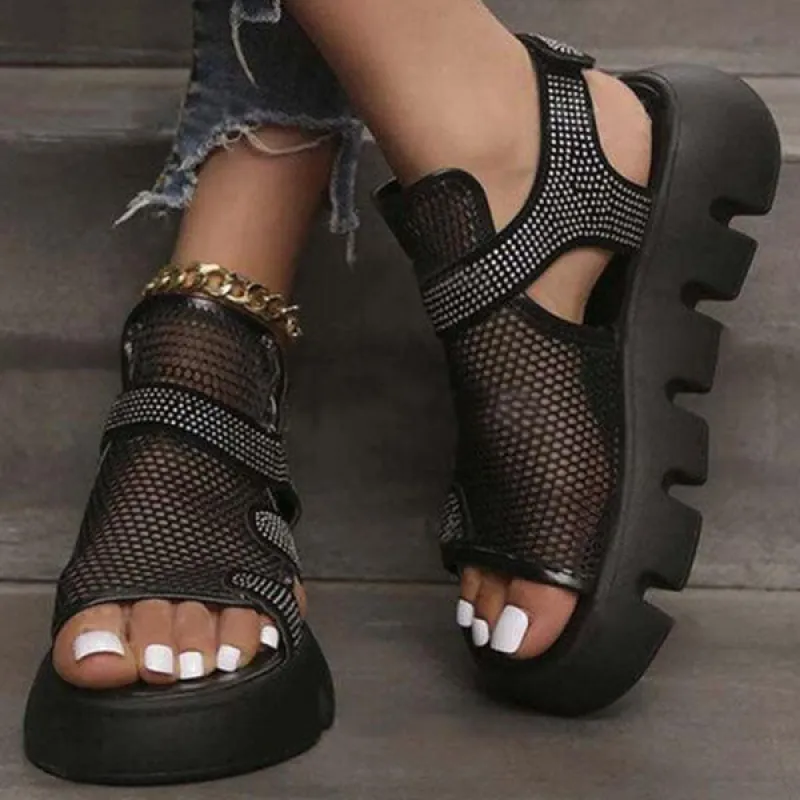 Black Shiny Velcro Strap Platform Heel Lug Sole Sandals sold by Tinstree