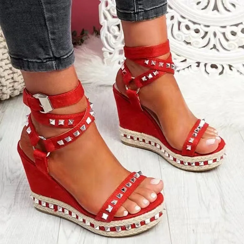 Rivet Decor Strappy Wedges Espadrille Platform Ankle Strap Sandals sold by Tinstree