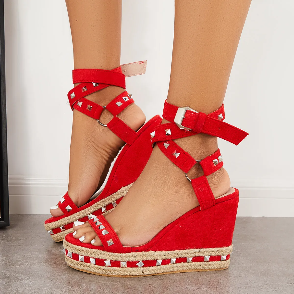 Rivet Decor Strappy Wedges Espadrille Platform Ankle Strap Sandals sold by Tinstree product image thumbnail 4