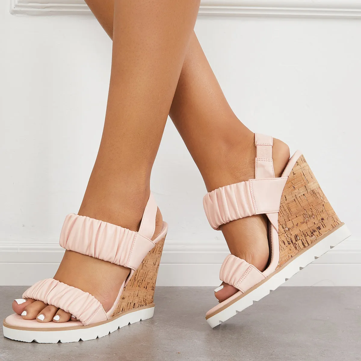 Open Toe Ankle Strap Ruched Sandals Platform Wedge Heels sold by Tinstree product image thumbnail 4