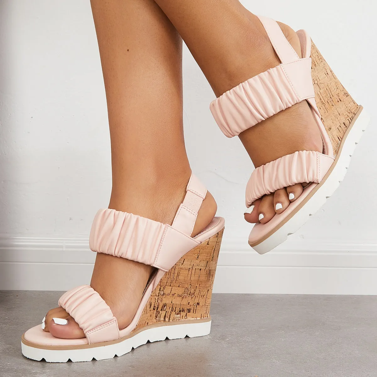 Open Toe Ankle Strap Ruched Sandals Platform Wedge Heels sold by Tinstree
