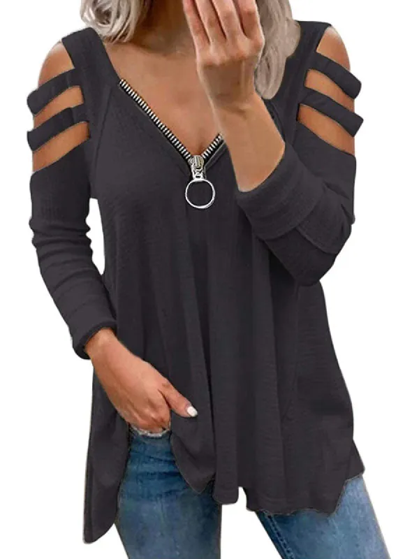 Women Long Sleeve Cut Out Cold Shoulder Tops Deep V Neck T Shirts sold by Tinstree