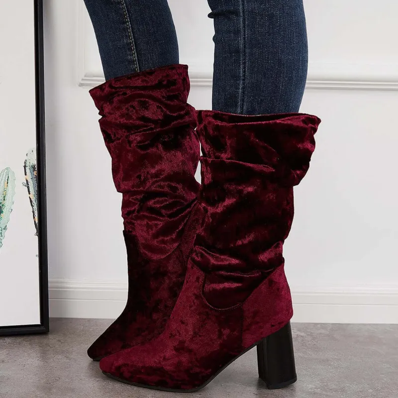 Slouch Mid Calf Boots Wide Calf Chunky Block Heel Boots sold by Tinstree
