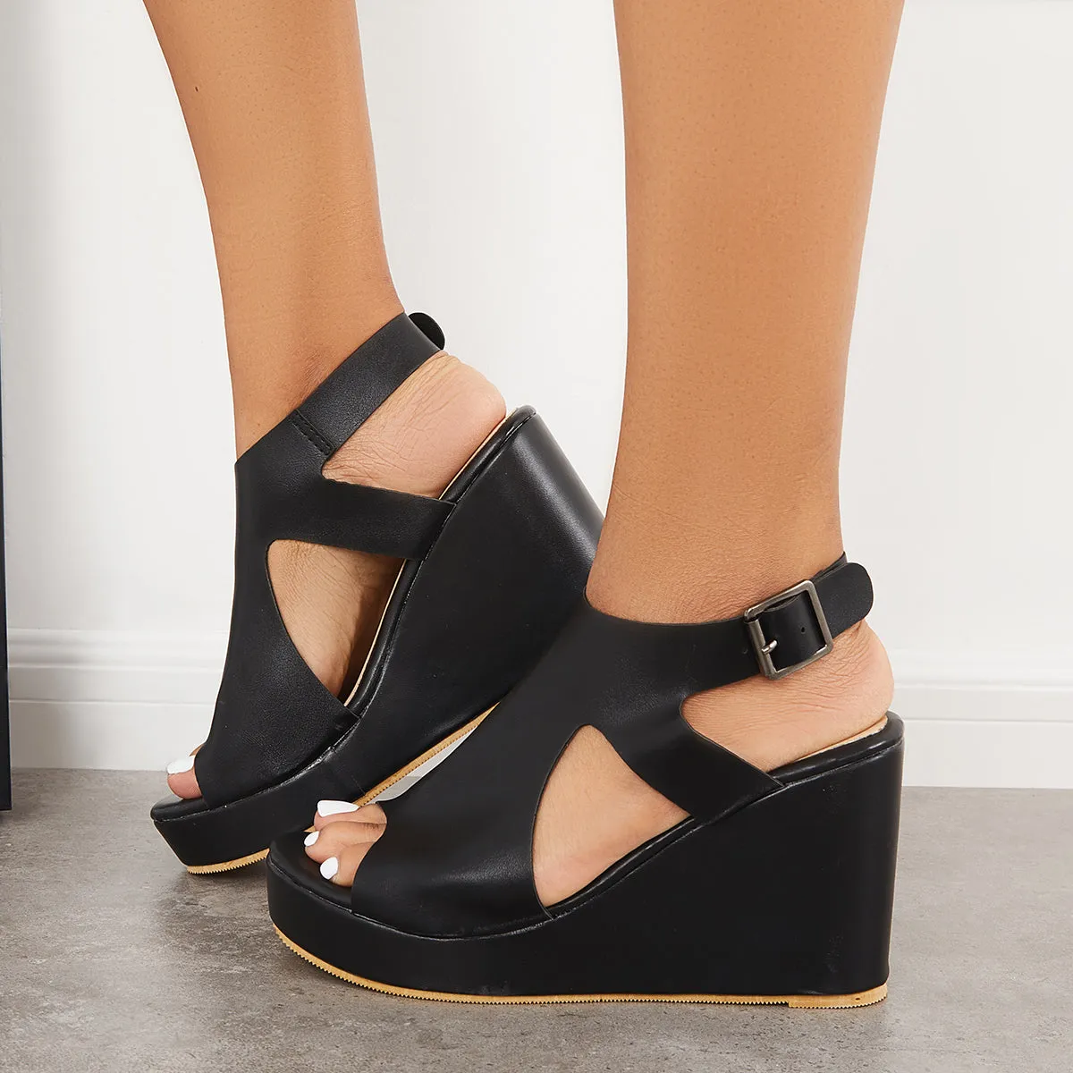 Black Cutout Slingback Platform Wedge Heels Ankle Strap Sandals sold by Tinstree product image thumbnail 4