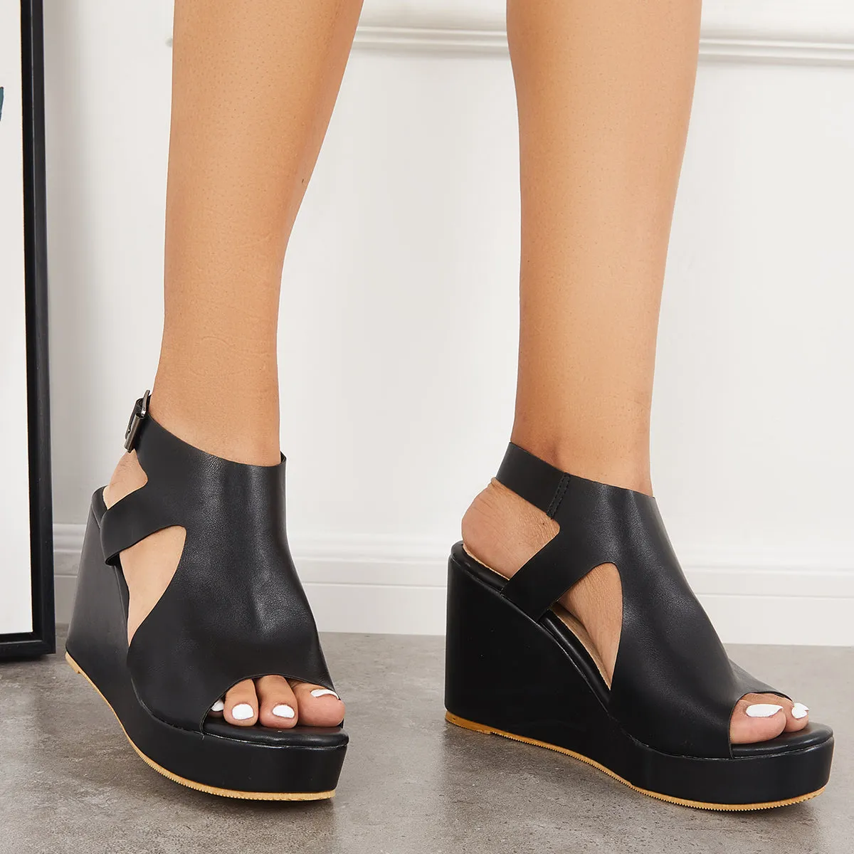 Black Cutout Slingback Platform Wedge Heels Ankle Strap Sandals sold by Tinstree product image thumbnail 3