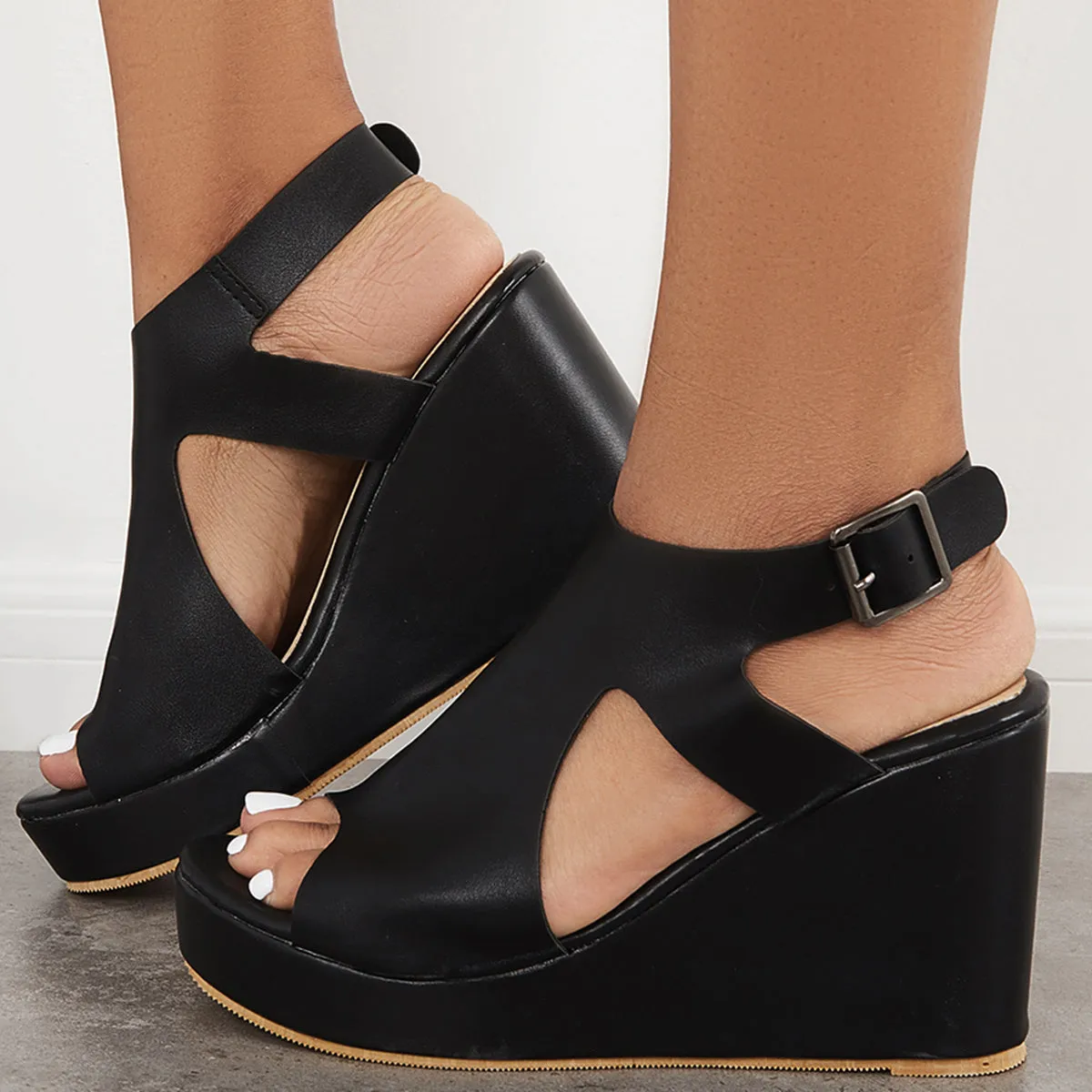Black Cutout Slingback Platform Wedge Heels Ankle Strap Sandals sold by Tinstree product image thumbnail 2