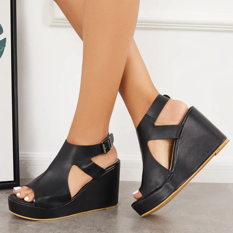 Black Cutout Slingback Platform Wedge Heels Ankle Strap Sandals sold by Tinstree
