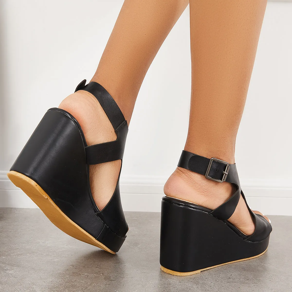 Black Cutout Slingback Platform Wedge Heels Ankle Strap Sandals sold by Tinstree product image thumbnail 5