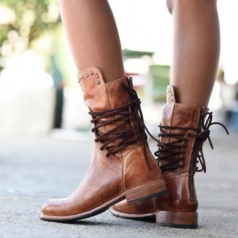 Brown Mid Calf Riding Boots Wide Calf Western Cowboy Boots sold by Tinstree
