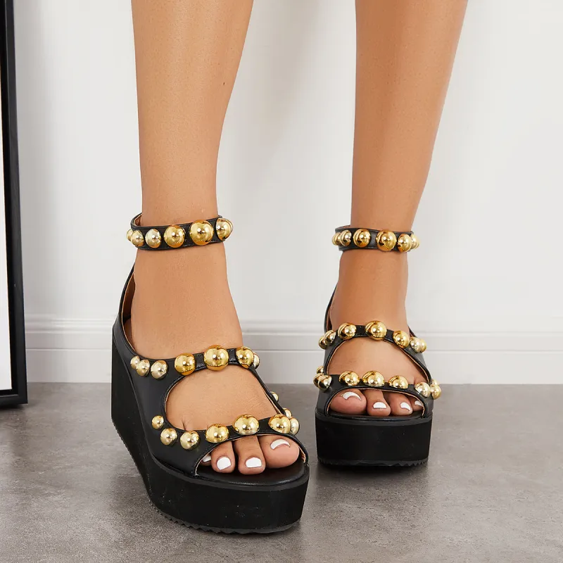 Cutout Rivet Thick Sole Ankle Strap Sandals Platform Wedge Shoes sold by Tinstree