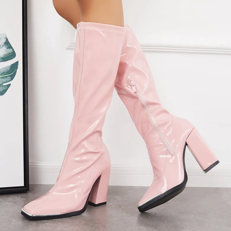 Patent Leather Square Toe Block Chunky Heel Knee High Boots sold by Tinstree