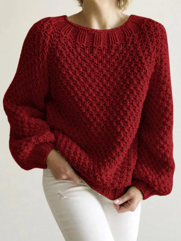Women Long Lantern Sleeve Knit Sweater Crewneck Loose Pullover Jumper Tops sold by Tinstree