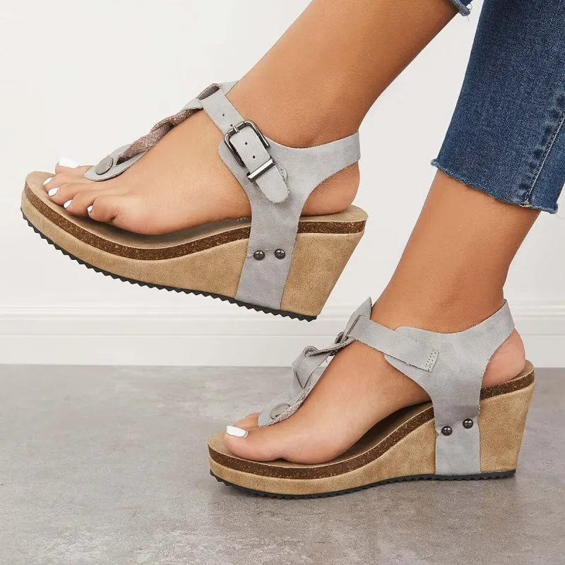 Boho Braided T-Strap Sandals Cork Platform Wedges sold by Tinstree