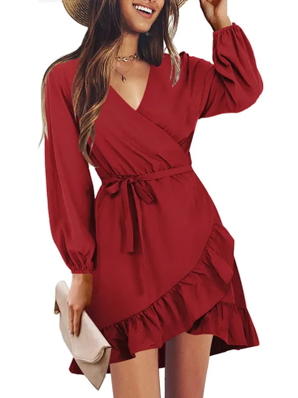 Women Casual Wrap V Neck Long Sleeve Solid Color Ruffle Tie Waist Swing Mini Dress sold by Tinstree